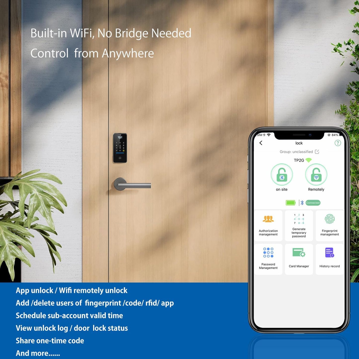 Fingerprint Keyless Entry Door Lock with Door Magnetic Sensor, Keypad Smart Deadbolt Lock for Home Hotel Apartment Support USB C Charging Built-in Wi-Fi and Doorbell No hub No Drilling