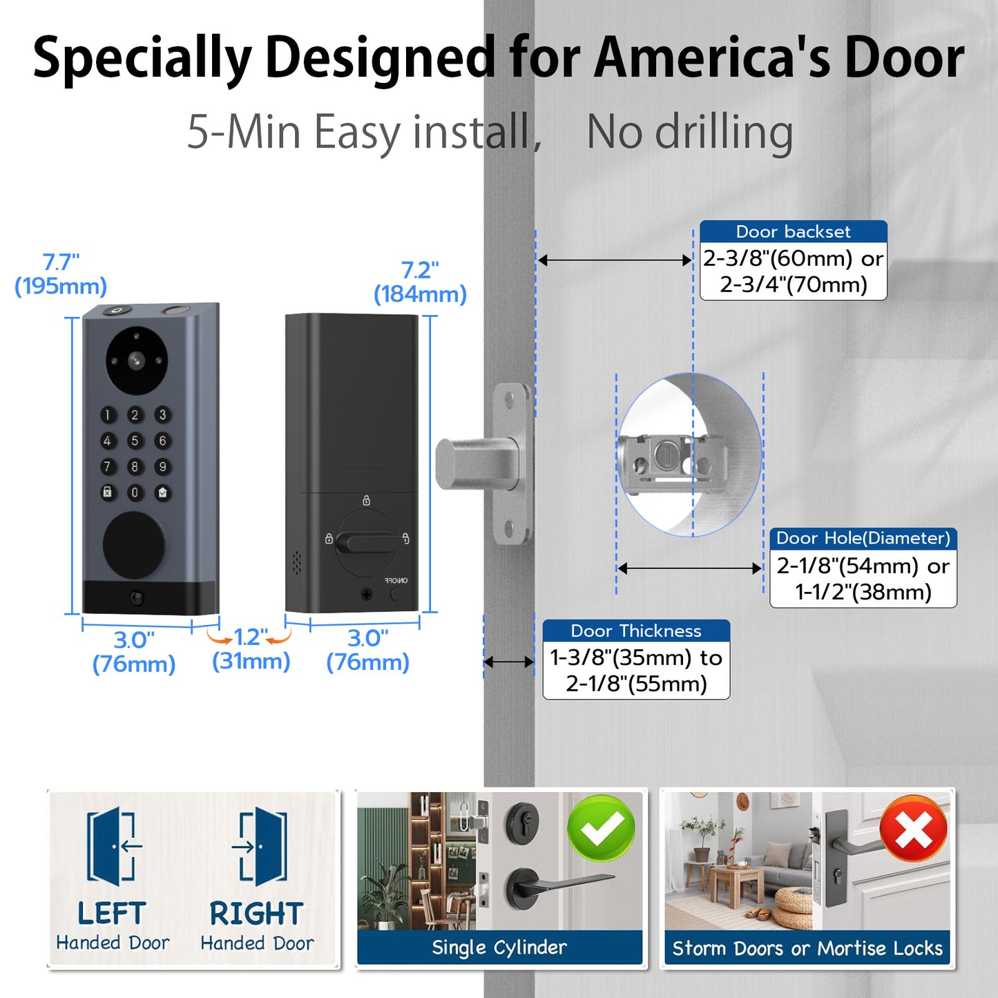 Smart Door Lock with Camera Deadbolt with Video Doorbell PIR Motion Detection Front Door Lock with Fingerprint Keypad Code Long-Lasting Battery Built-in Wi-Fi No hub Required No Drilling