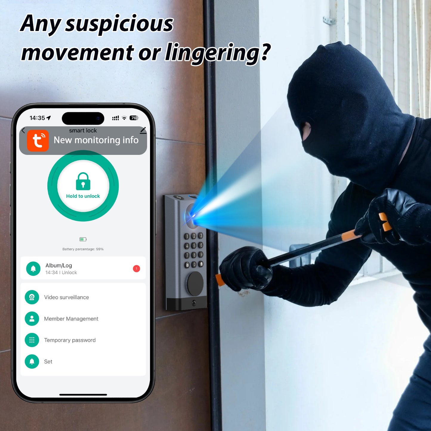 Smart Door Lock with Camera Deadbolt with Video Doorbell PIR Motion Detection Front Door Lock with Fingerprint Keypad Code Long-Lasting Battery Built-in Wi-Fi No hub Required No Drilling