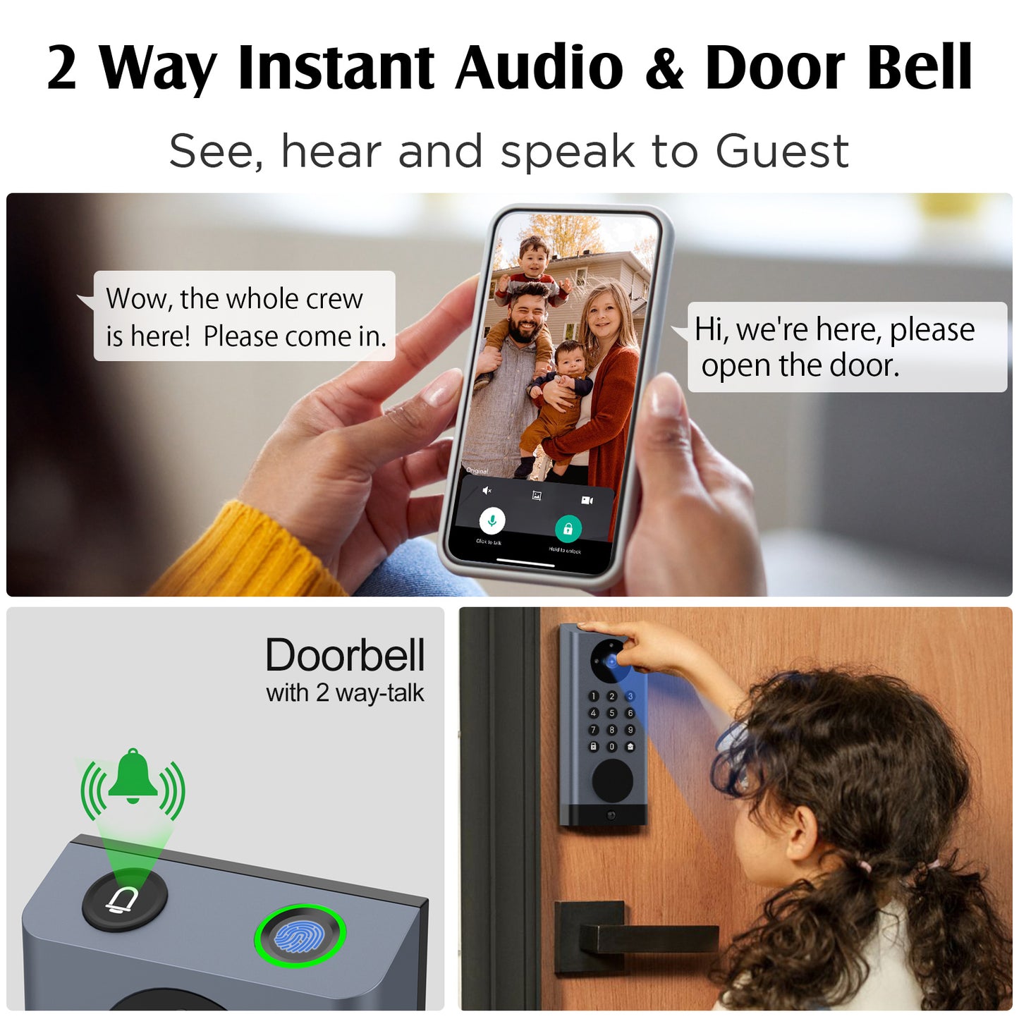 Smart Door Lock with Camera Deadbolt with Video Doorbell PIR Motion Detection Front Door Lock with Fingerprint Keypad Code Long-Lasting Battery Built-in Wi-Fi No hub Required No Drilling