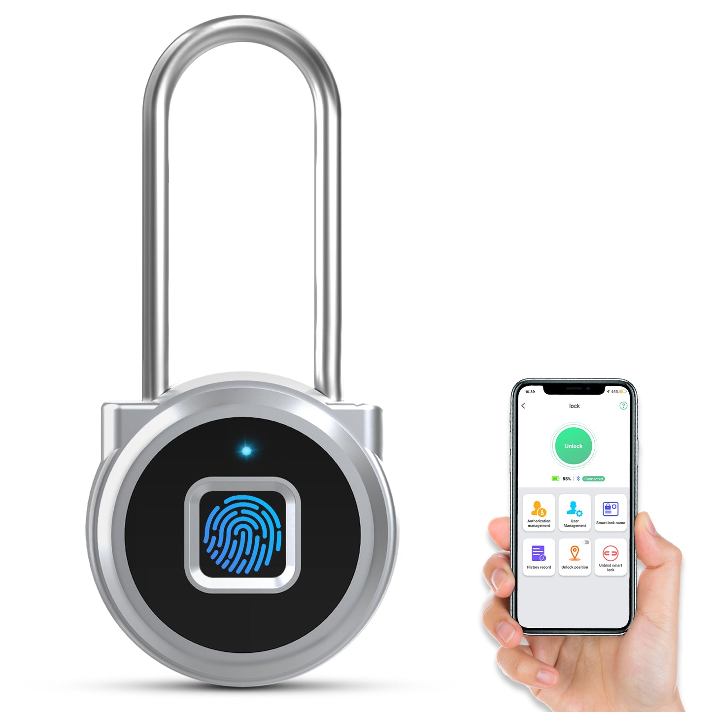 Fingerprint Long Padlock with 45MM Shackle Phone App SmartWatch Weatherproof Combination Locker Lock for Gym Locker Locker Backpack Suitcase Luggage Silver