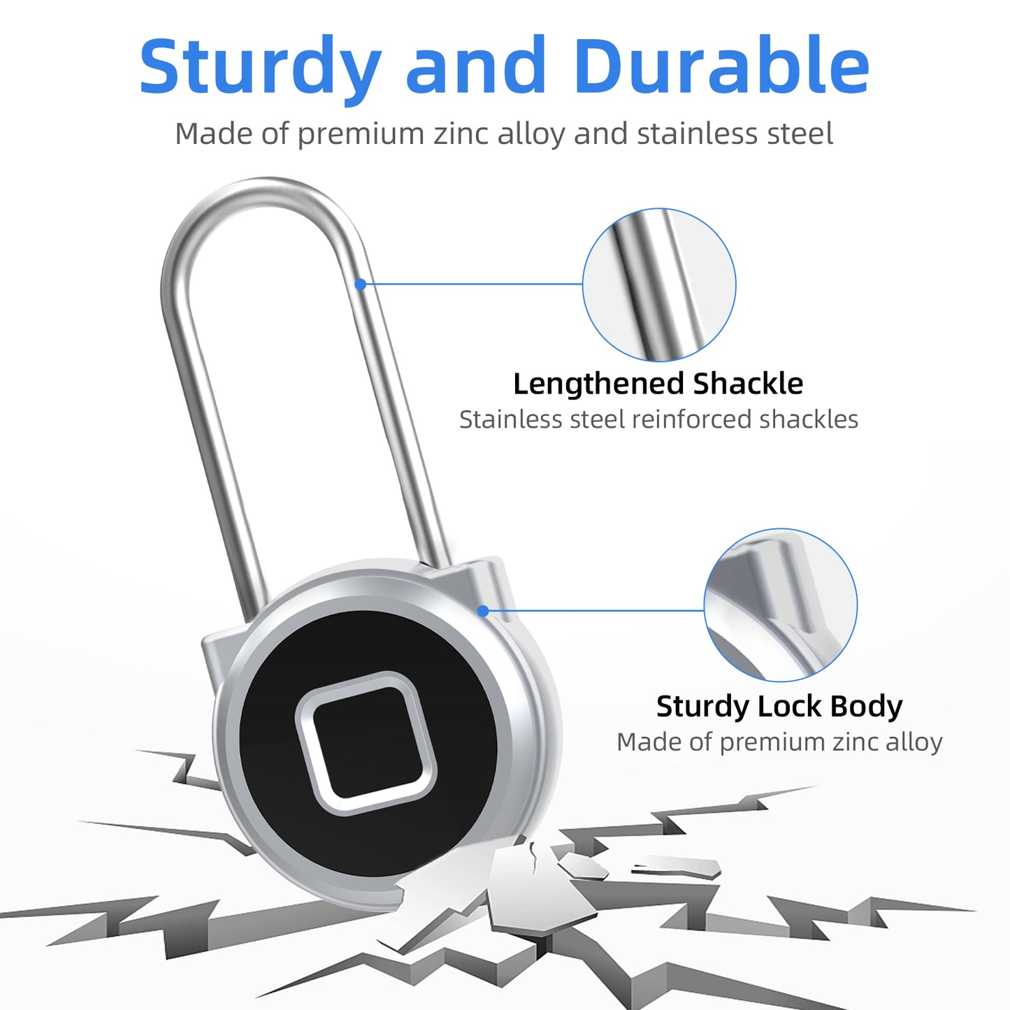 Fingerprint Long Padlock with 45MM Shackle Phone App SmartWatch Weatherproof Combination Locker Lock for Gym Locker Locker Backpack Suitcase Luggage Silver