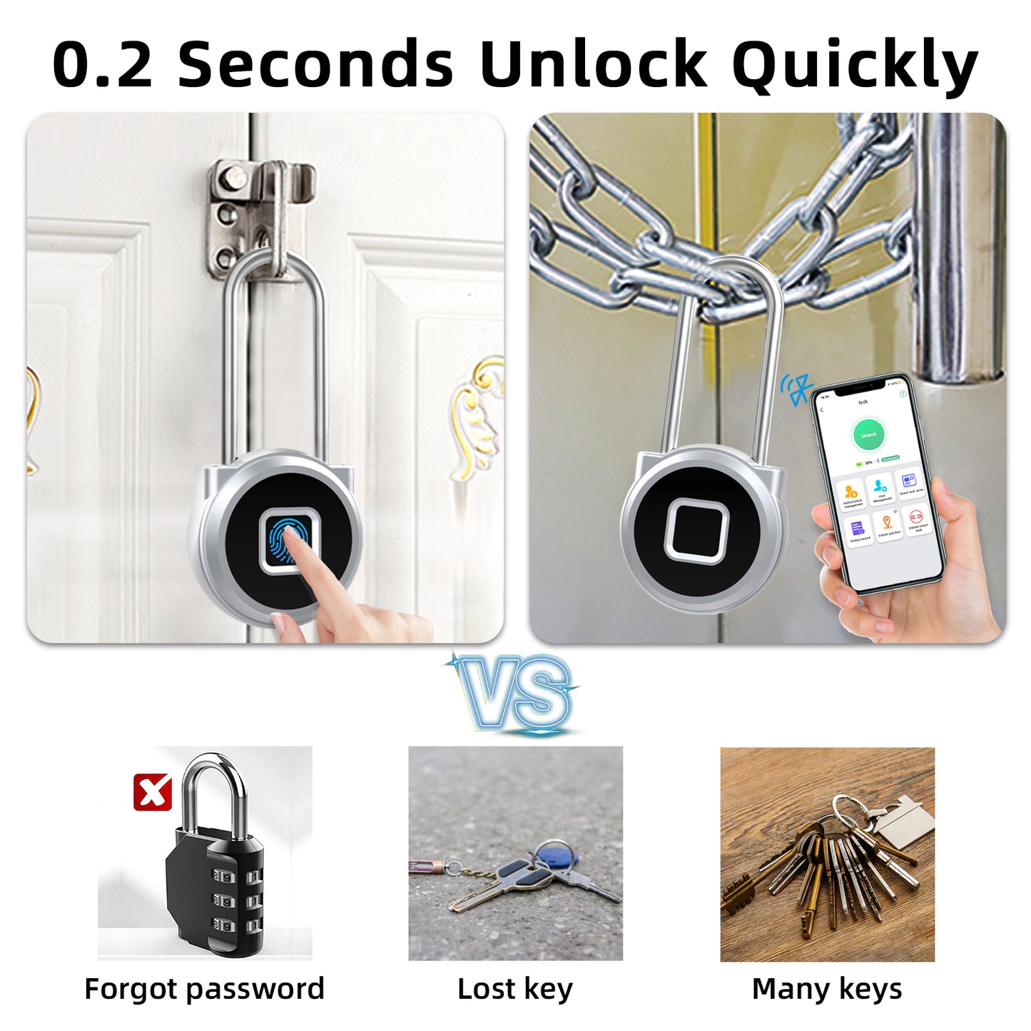 Fingerprint Long Padlock with 45MM Shackle Phone App SmartWatch Weatherproof Combination Locker Lock for Gym Locker Locker Backpack Suitcase Luggage Silver