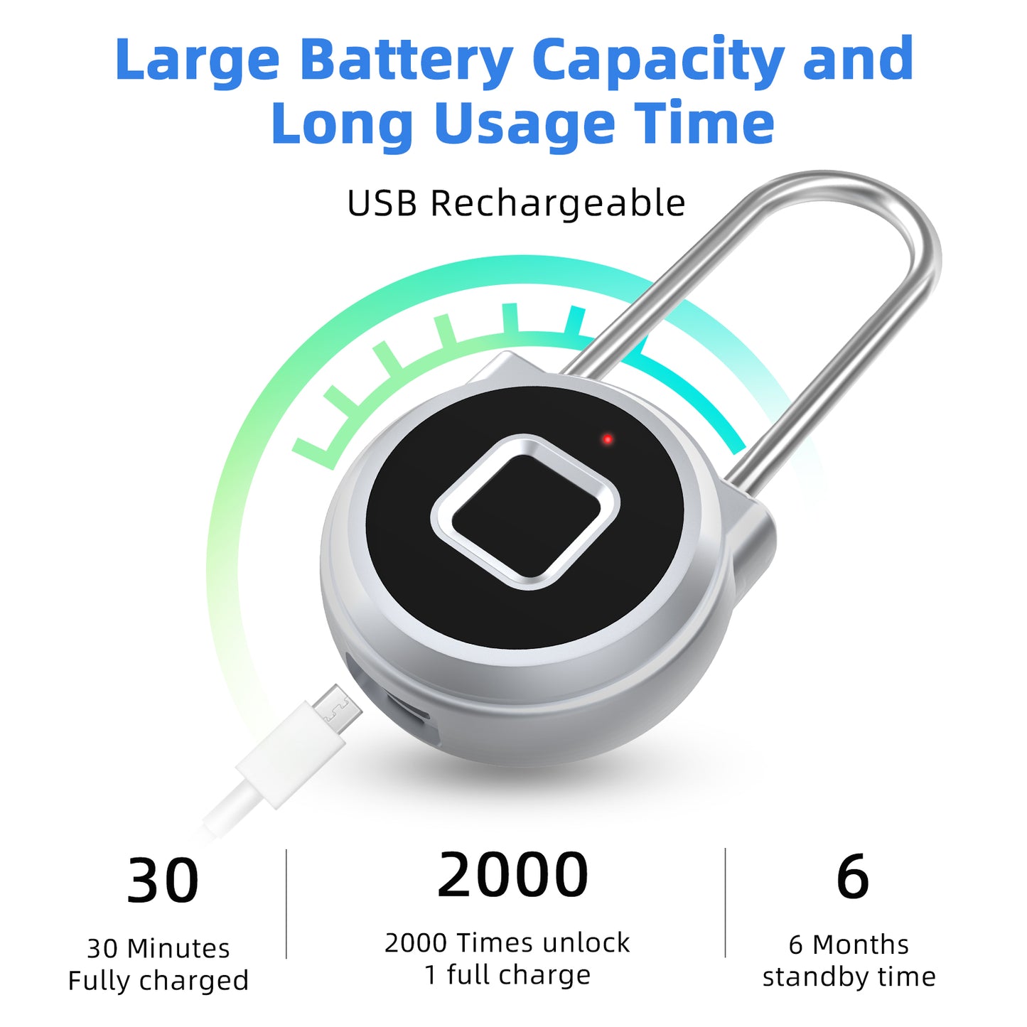 Fingerprint Long Padlock with 45MM Shackle Phone App SmartWatch Weatherproof Combination Locker Lock for Gym Locker Locker Backpack Suitcase Luggage Silver