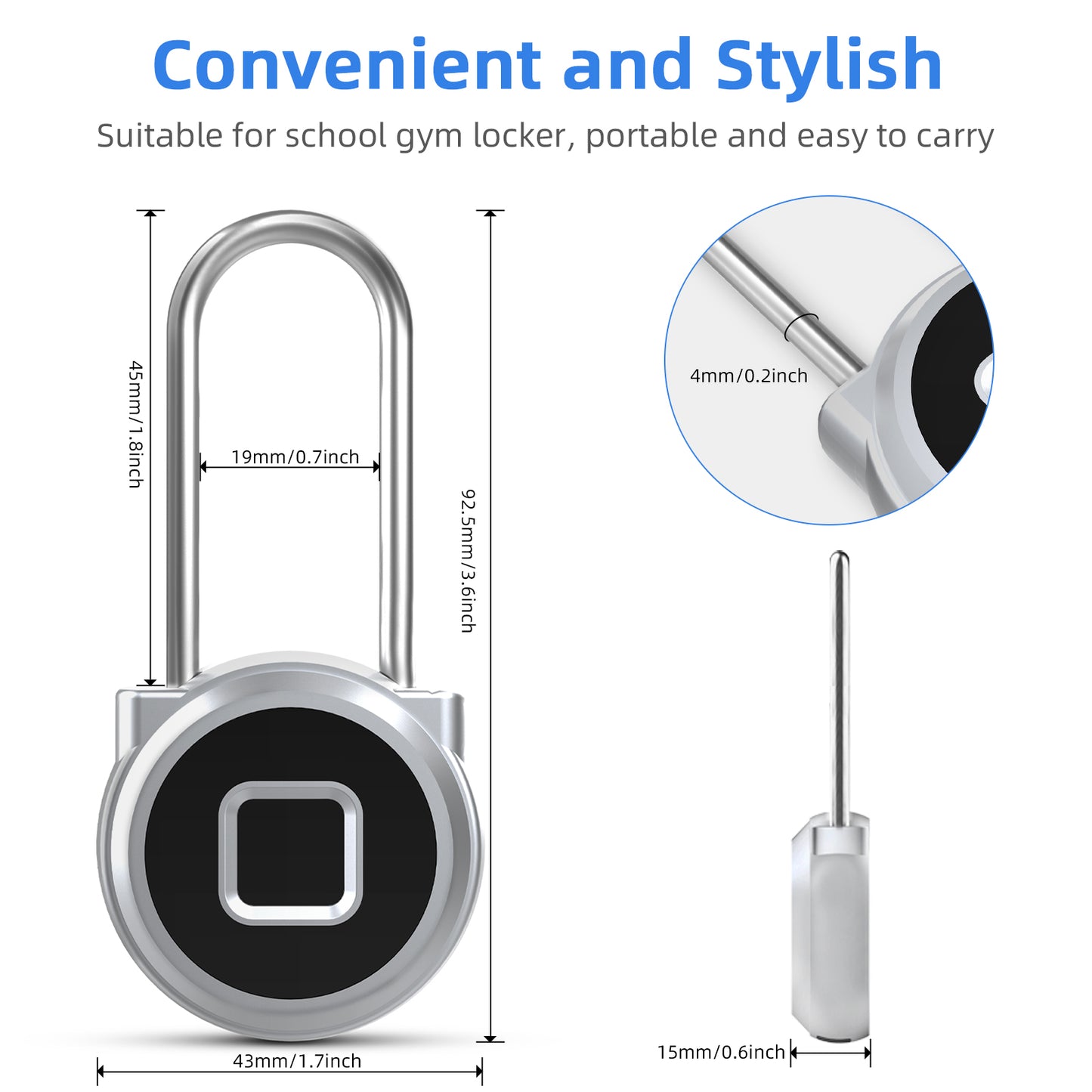 Fingerprint Long Padlock with 45MM Shackle Phone App SmartWatch Weatherproof Combination Locker Lock for Gym Locker Locker Backpack Suitcase Luggage Silver