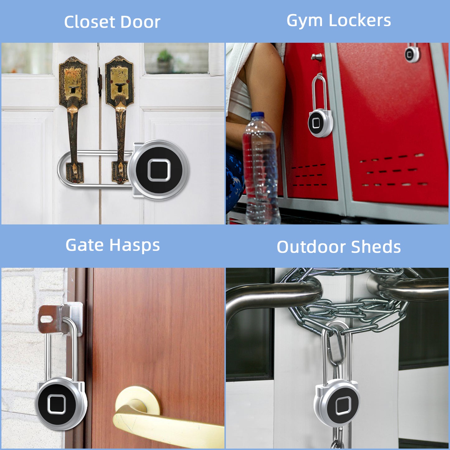 Fingerprint Long Padlock with 45MM Shackle Phone App SmartWatch Weatherproof Combination Locker Lock for Gym Locker Locker Backpack Suitcase Luggage Silver