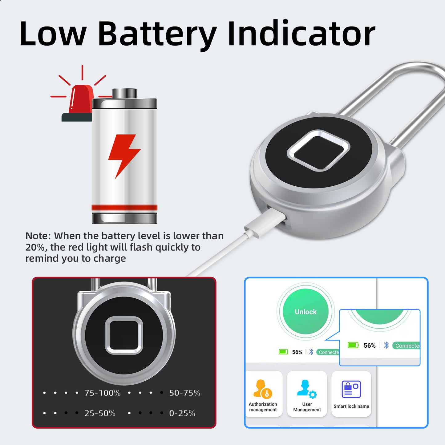 Fingerprint Long Padlock with 45MM Shackle Phone App SmartWatch Weatherproof Combination Locker Lock for Gym Locker Locker Backpack Suitcase Luggage Silver