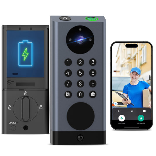 Smart Door Lock with Camera Deadbolt with Video Doorbell PIR Motion Detection Front Door Lock with Fingerprint Keypad Code Long-Lasting Battery Built-in Wi-Fi No hub Required No Drilling