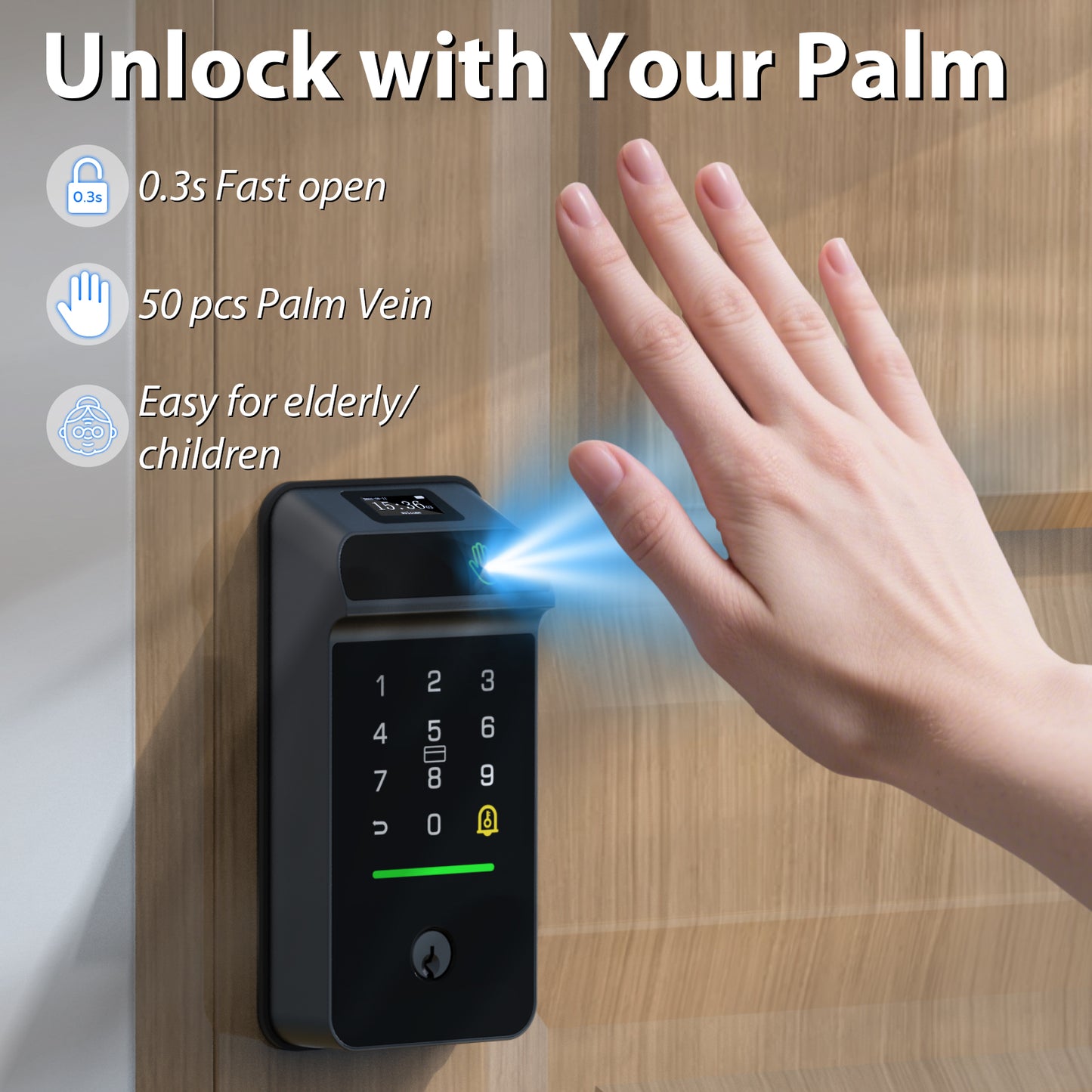 Palm Vein Smart Door Lock Built-in WiFi, 6 in 1 Keyless Entry Door Lock with App Remote Alexa Control Auto Lock Rechargeable Battery, Waterproof Front Door Deadbolt No hub No Drilling